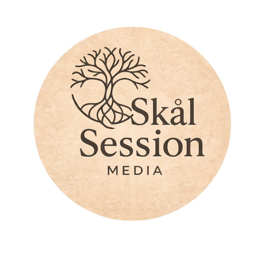 Logo for Skål Session Media featuring a stylized tree with intertwined roots and branches, and text reading 'Skål Session Media' on a beige circular background.