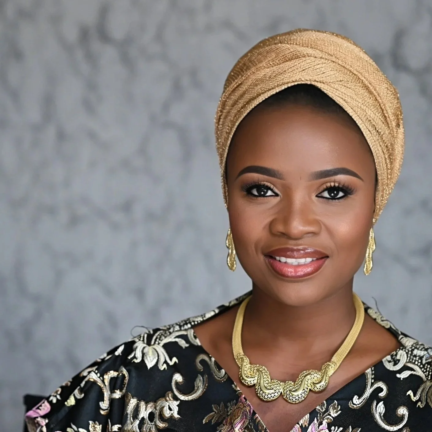 A smiling woman wearing a gold headwrap, gold earrings, and a gold necklace, dressed in a black blouse with gold embroidery, standing against a textured gray background.