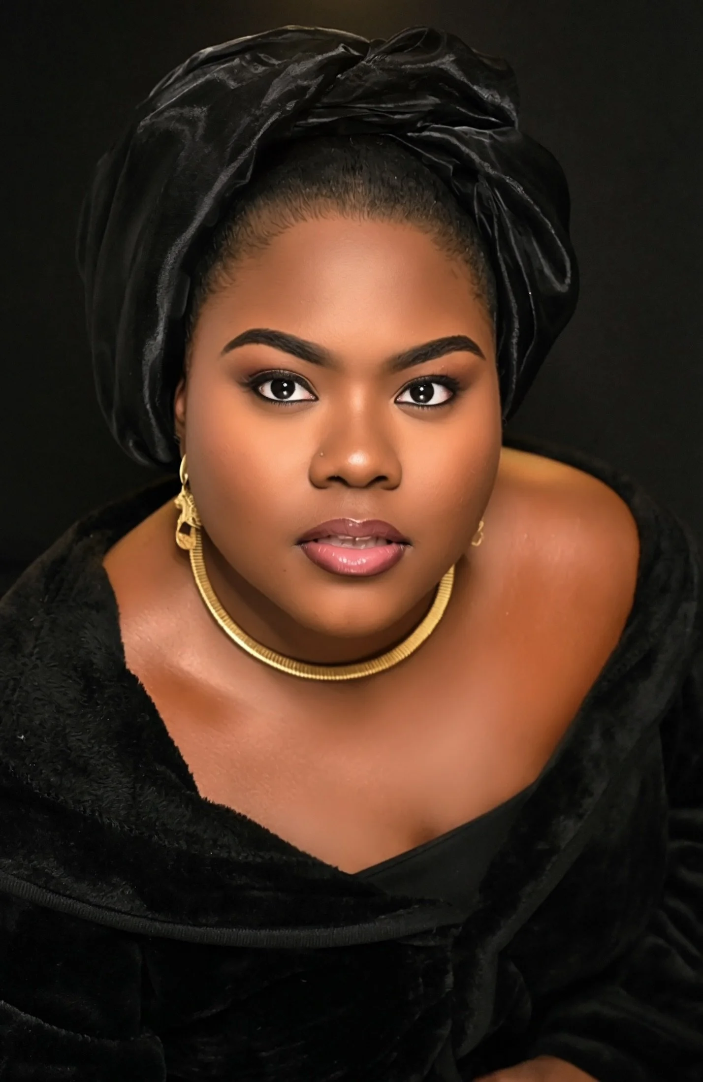 Portrait of a woman with a black headwrap, gold jewelry including earrings and a necklace, and wearing a black off-shoulder top made of a velvet-like material, against a black background.