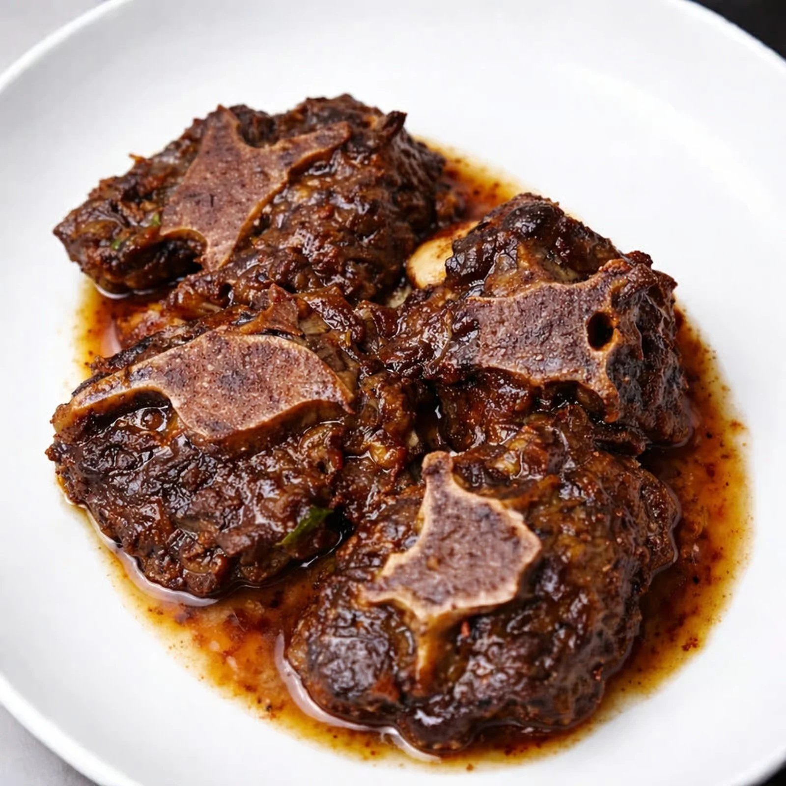 Three cooked beef short ribs in a dark, rich sauce on a white plate.