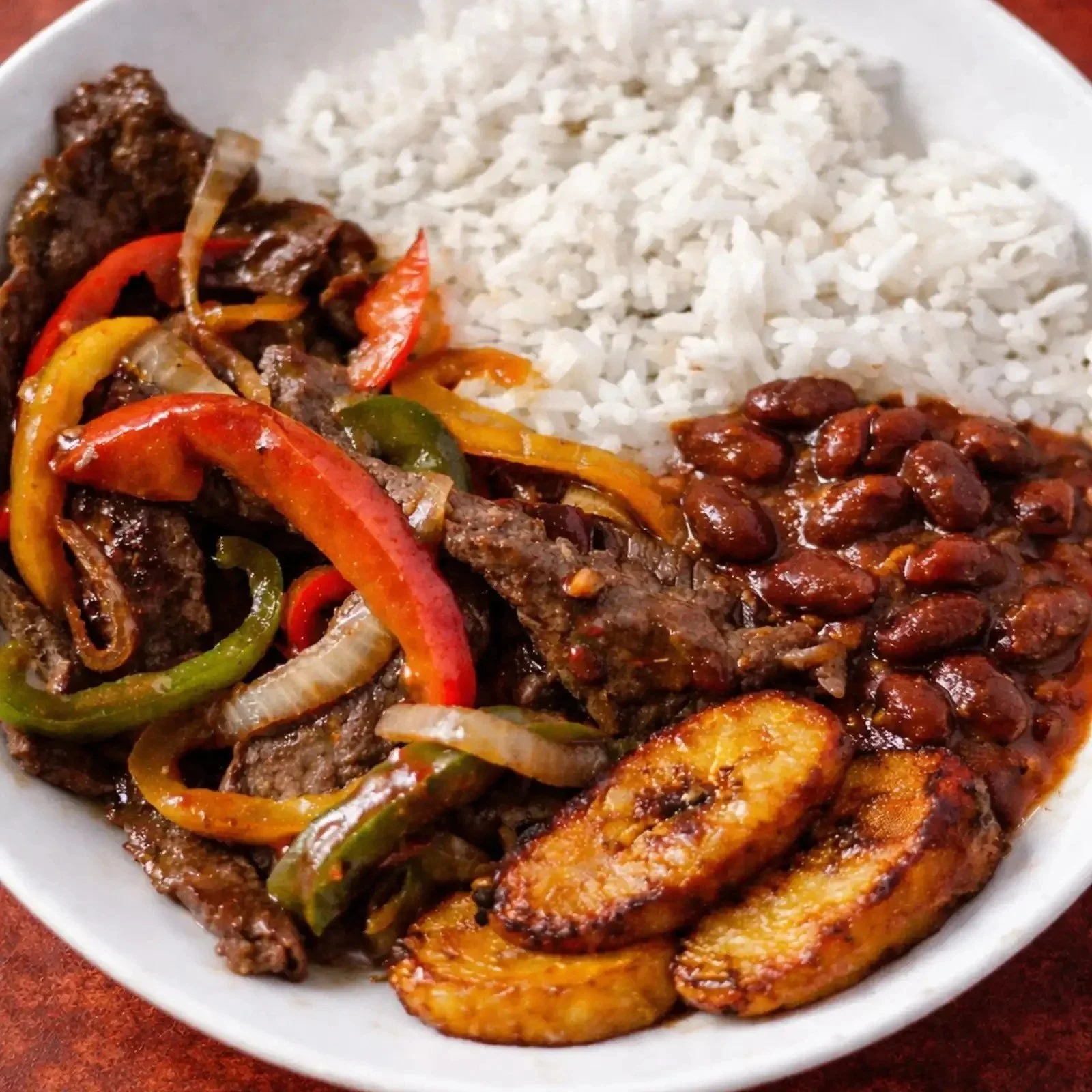 Fried plantains, cooked beans, white rice, and stir-fried beef with bell peppers on a white plate.