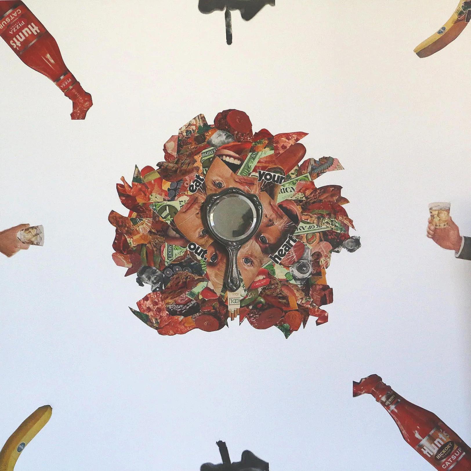 48x48 mixed media collage with paper and mirror on canvas titled "Eat Your Heart Out" 