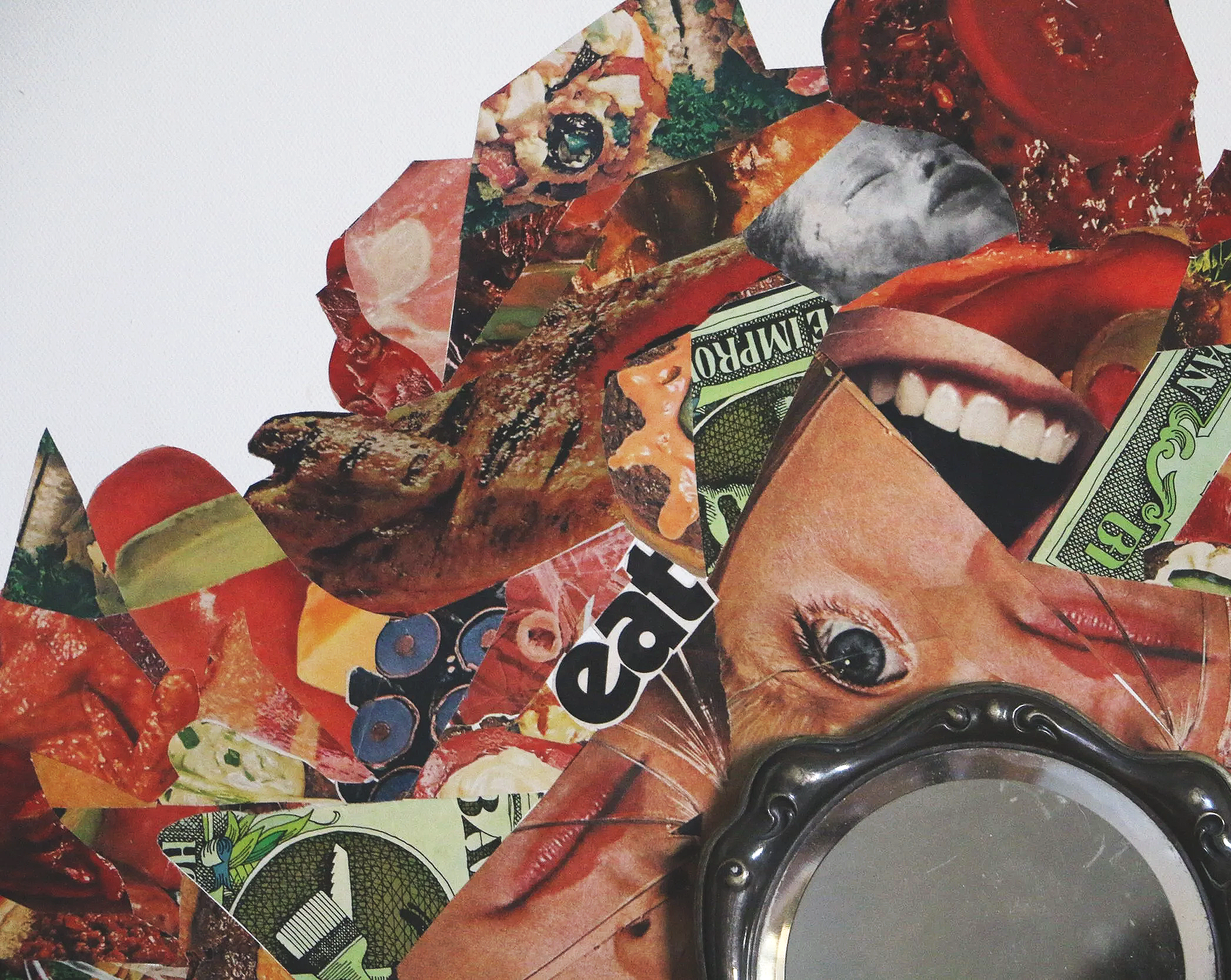 48x48 mixed media collage with paper and mirror on canvas titled "Eat Your Heart Out" 