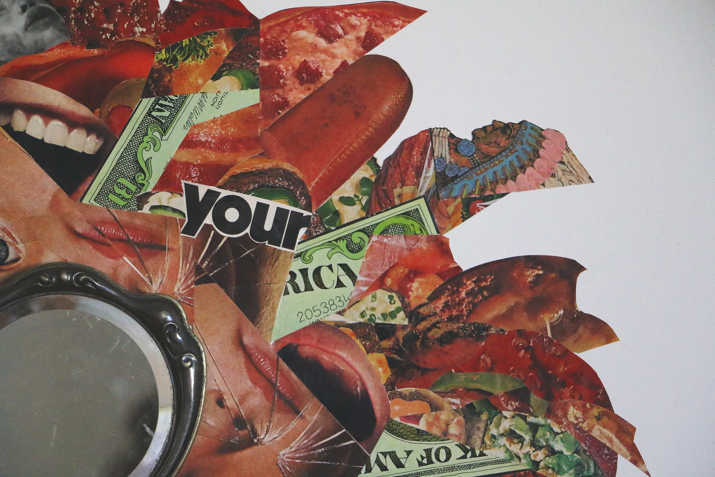 48x48 mixed media collage with paper and mirror on canvas titled "Eat Your Heart Out" 