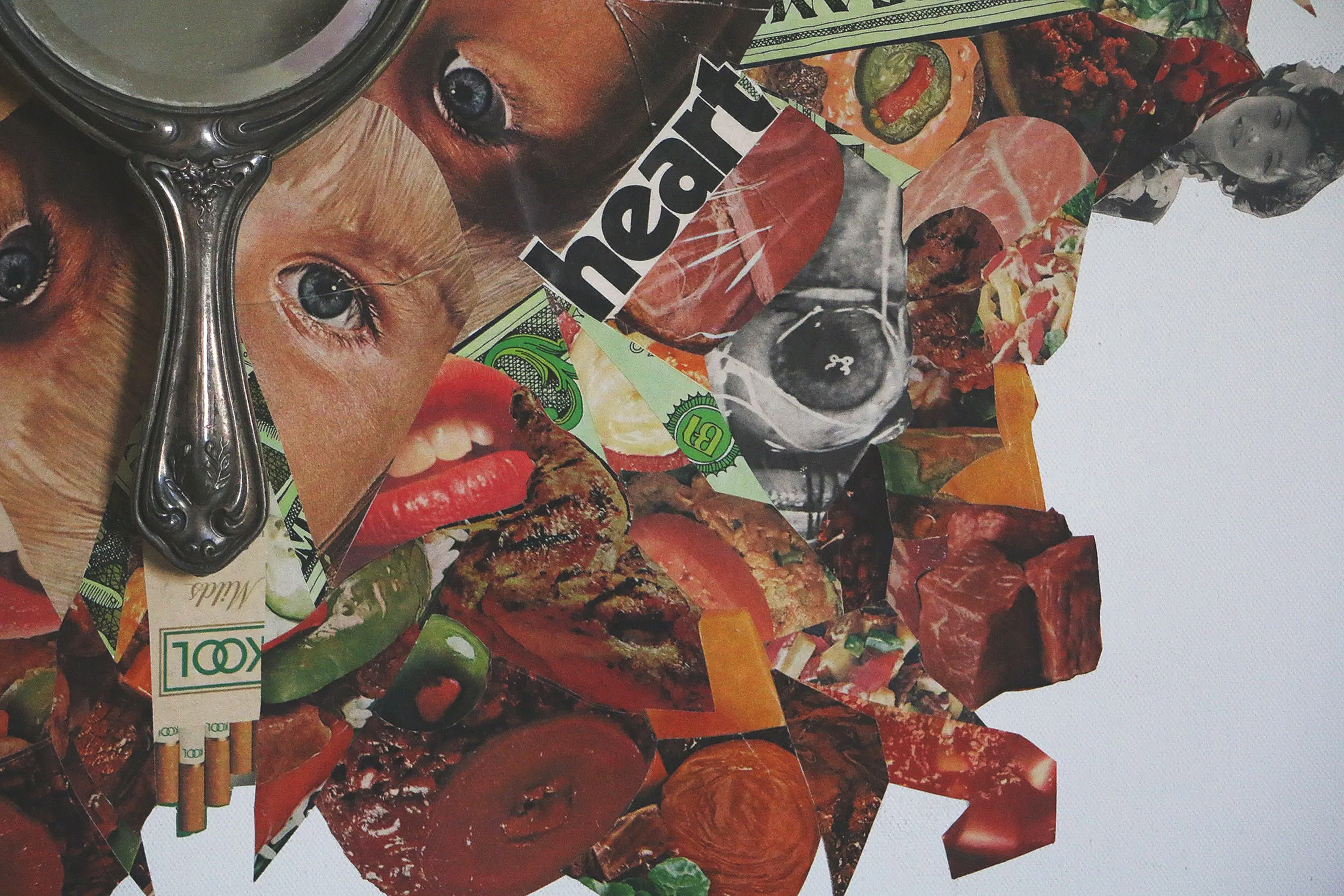 48x48 mixed media collage with paper and mirror on canvas titled "Eat Your Heart Out" 