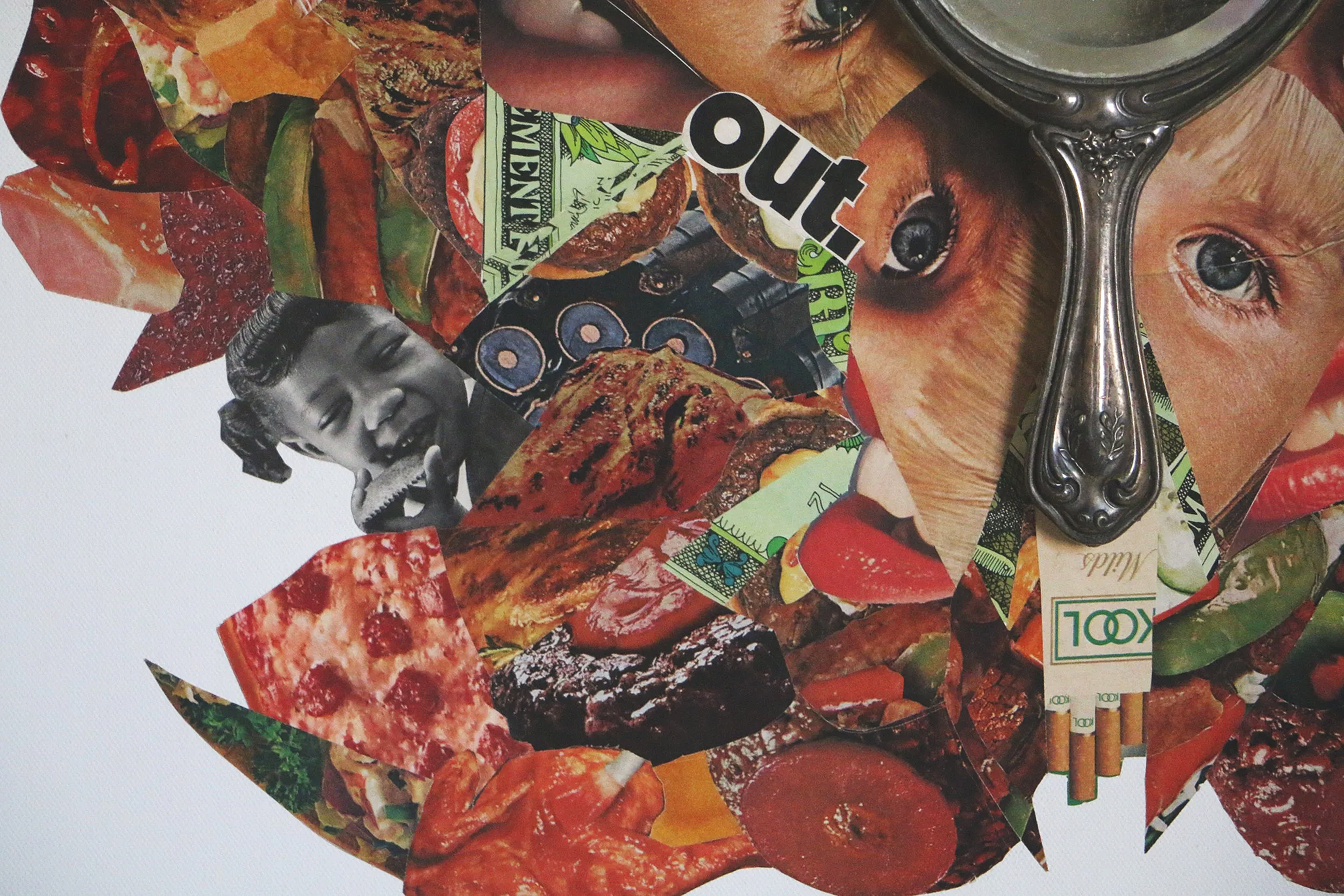 48x48 mixed media collage with paper and mirror on canvas titled "Eat Your Heart Out" 