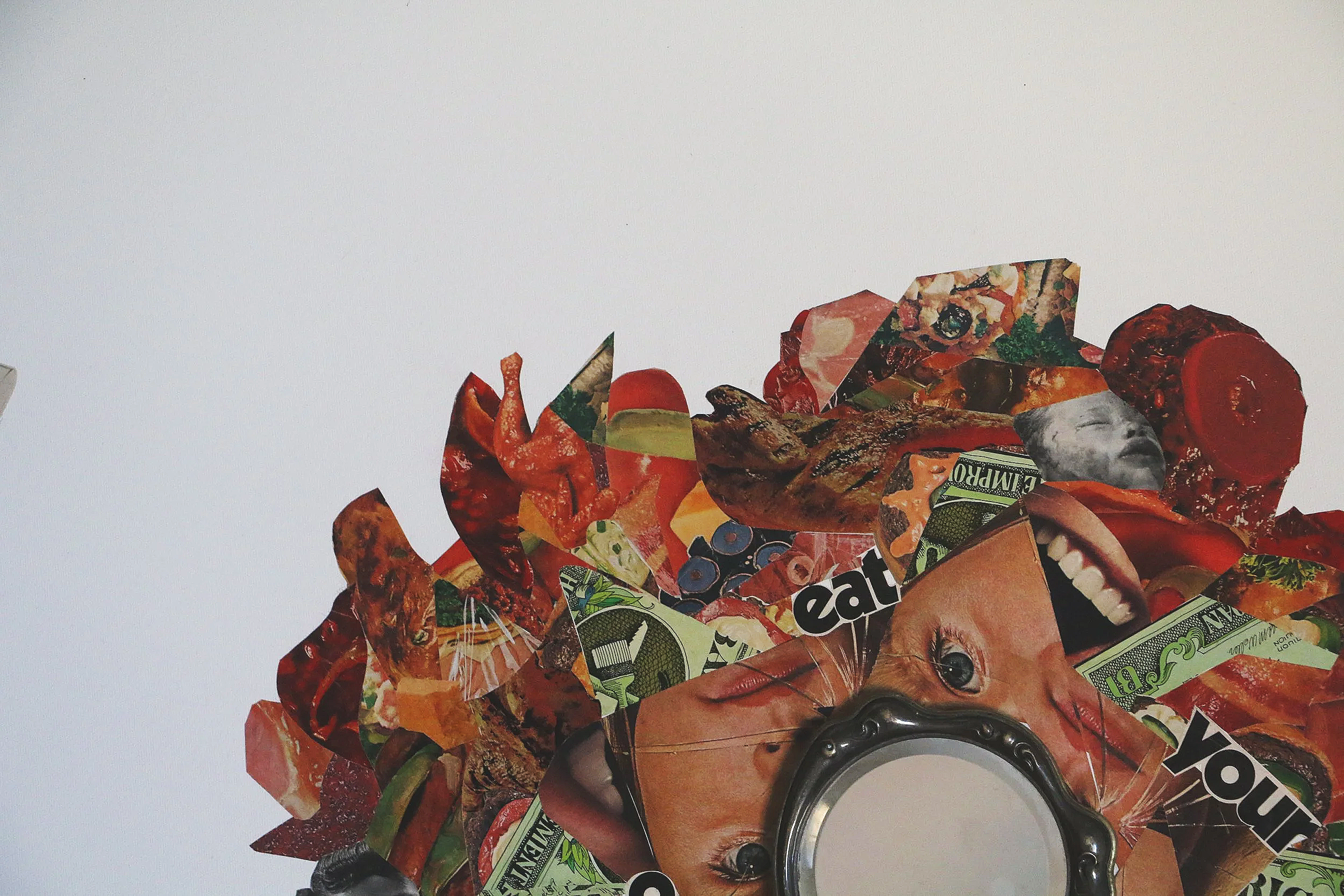 48x48 mixed media collage with paper and mirror on canvas titled "Eat Your Heart Out" 