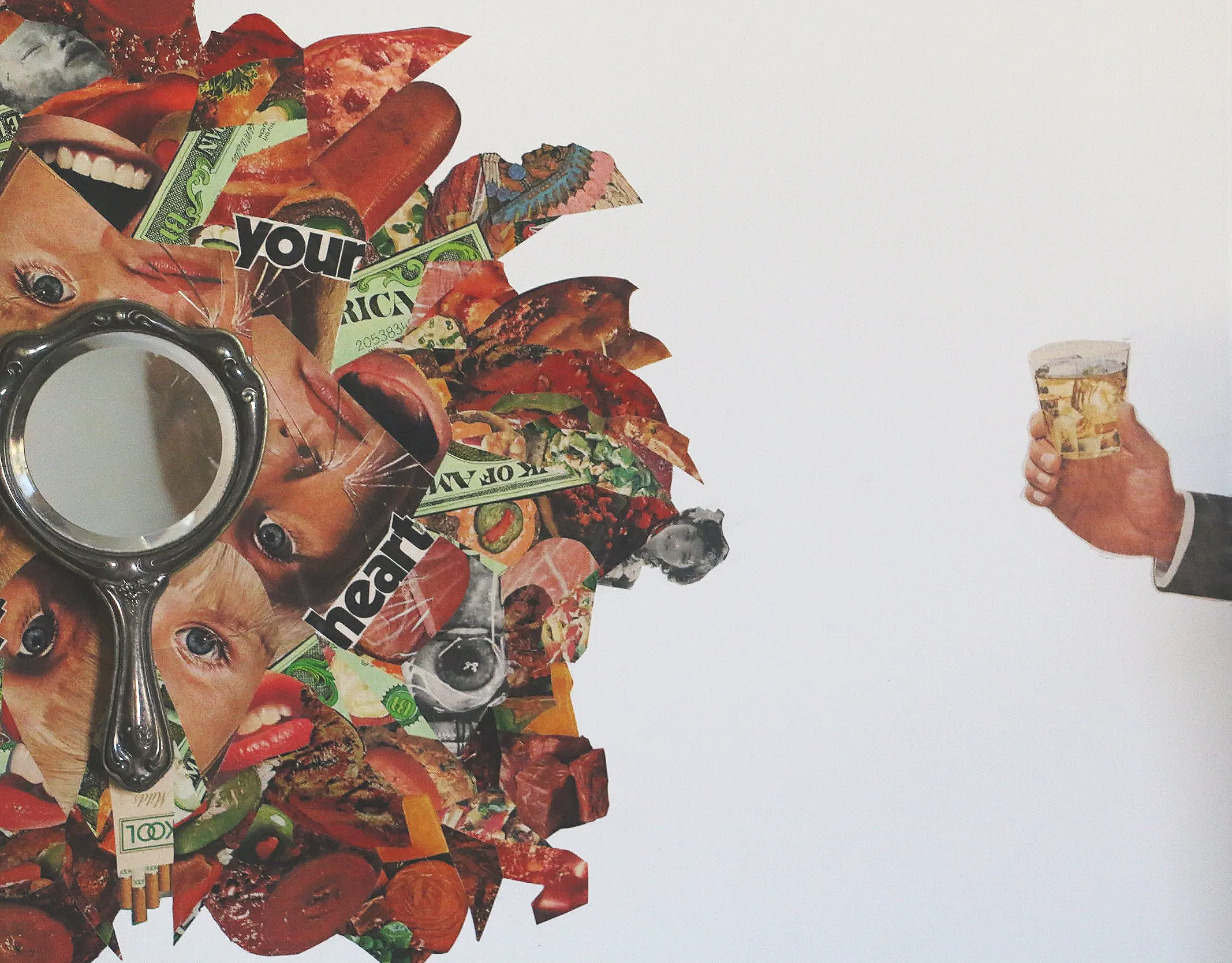 48x48 mixed media collage with paper and mirror on canvas titled "Eat Your Heart Out" 