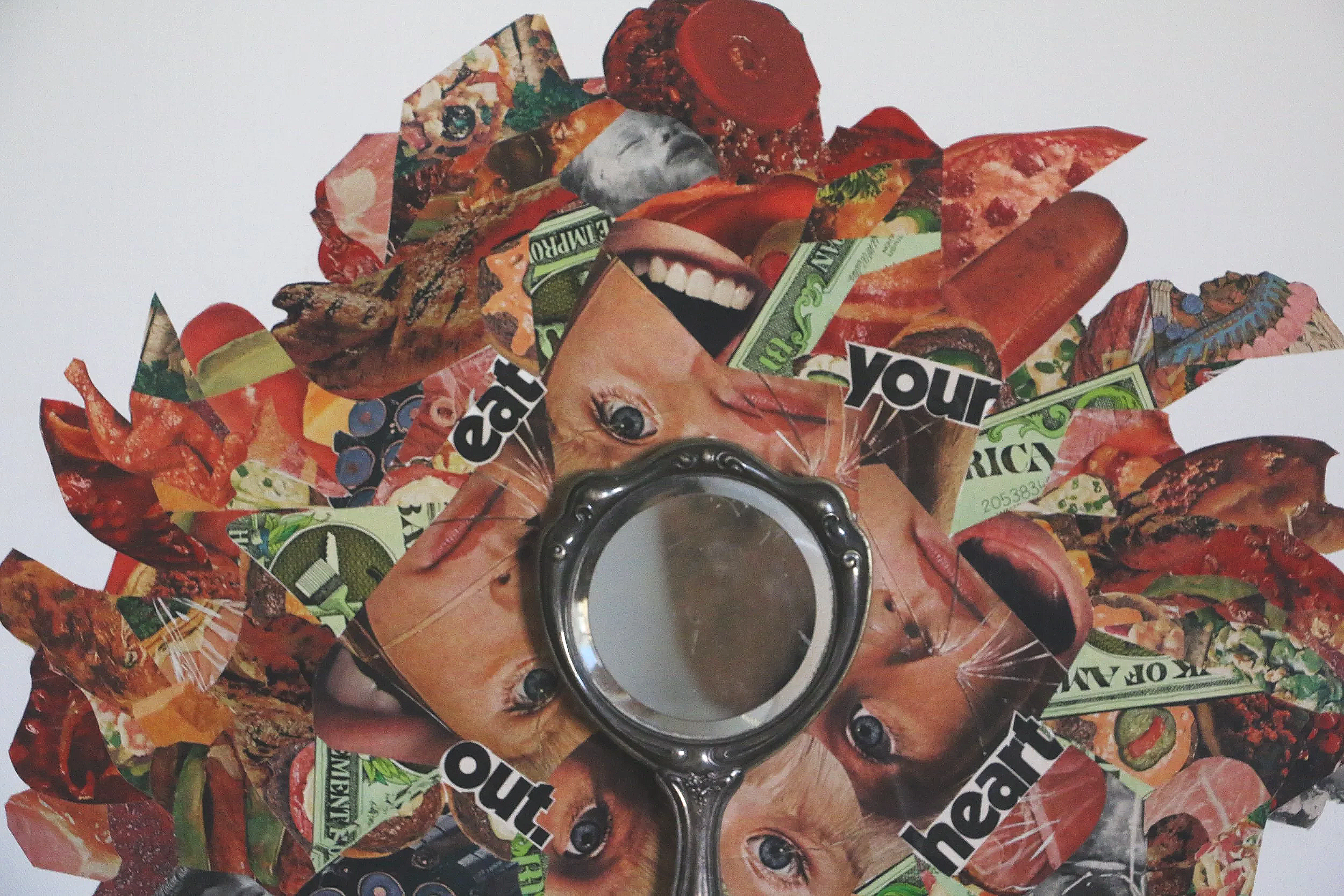 48x48 mixed media collage with paper and mirror on canvas titled "Eat Your Heart Out" 