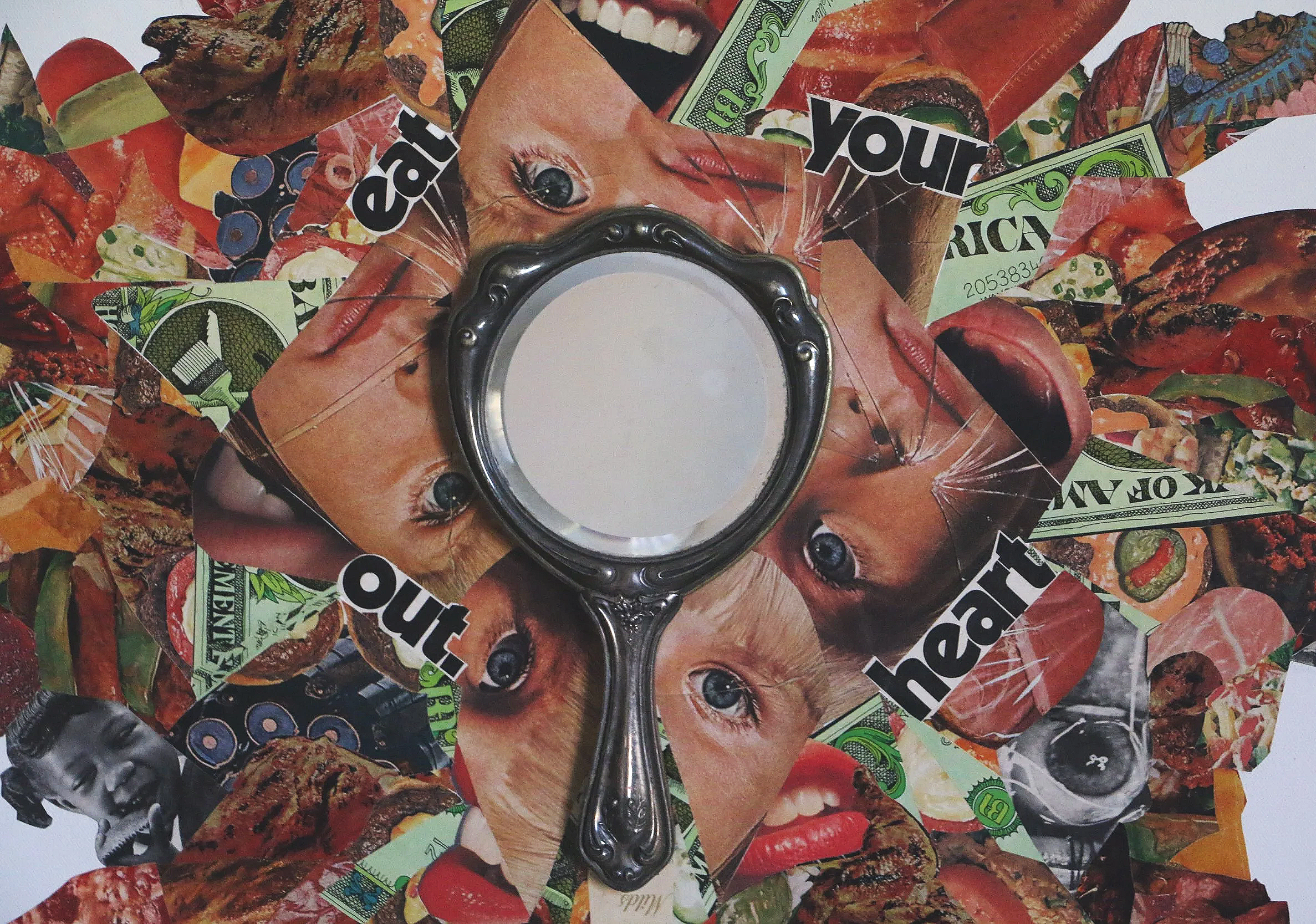 48x48 mixed media collage with paper and mirror on canvas titled "Eat Your Heart Out" 