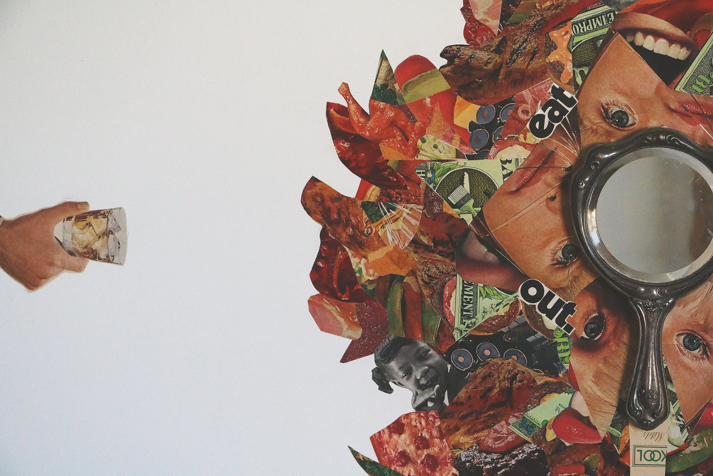 48x48 mixed media collage with paper and mirror on canvas titled "Eat Your Heart Out" 