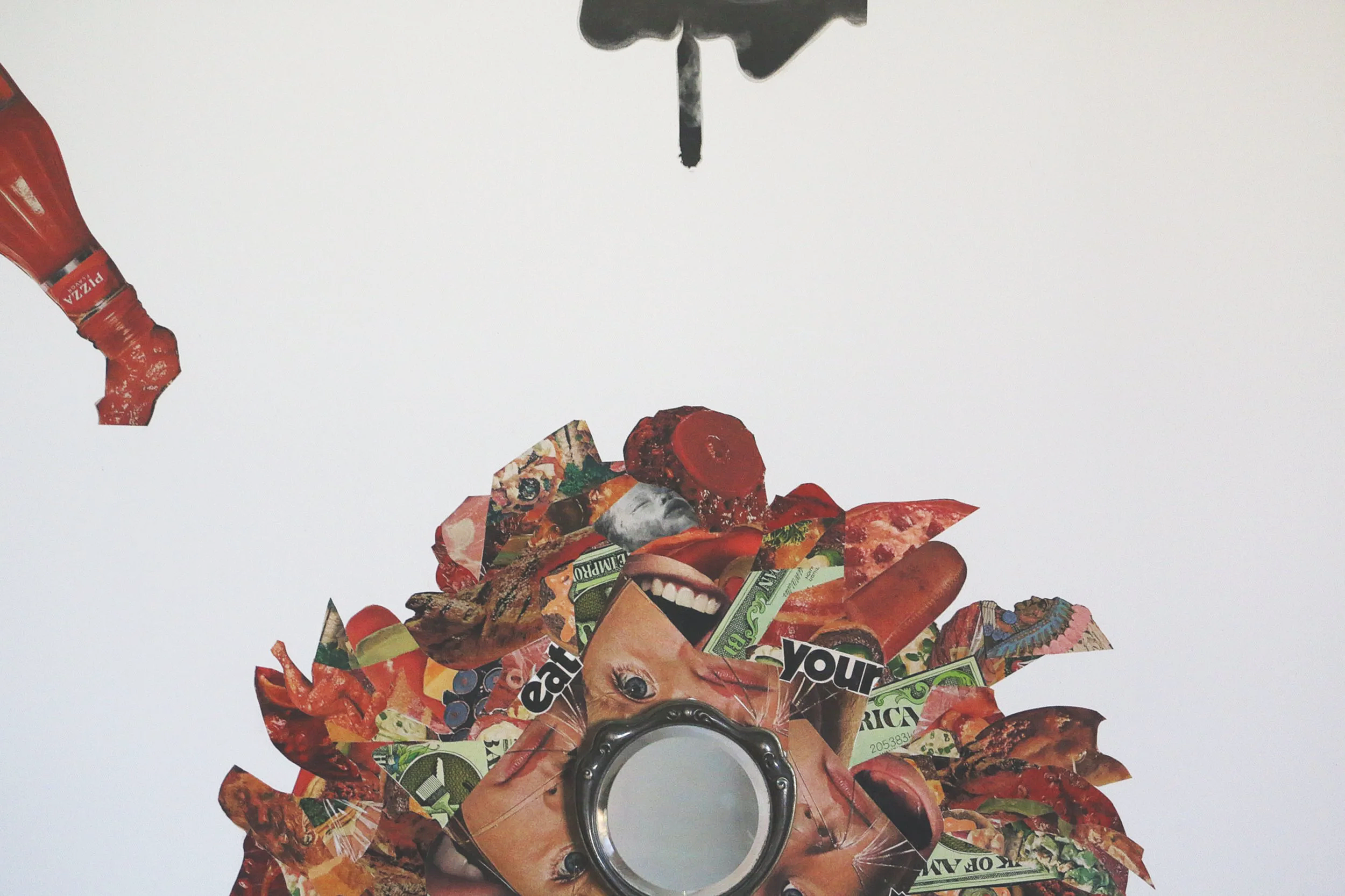 48x48 mixed media collage with paper and mirror on canvas titled "Eat Your Heart Out" 