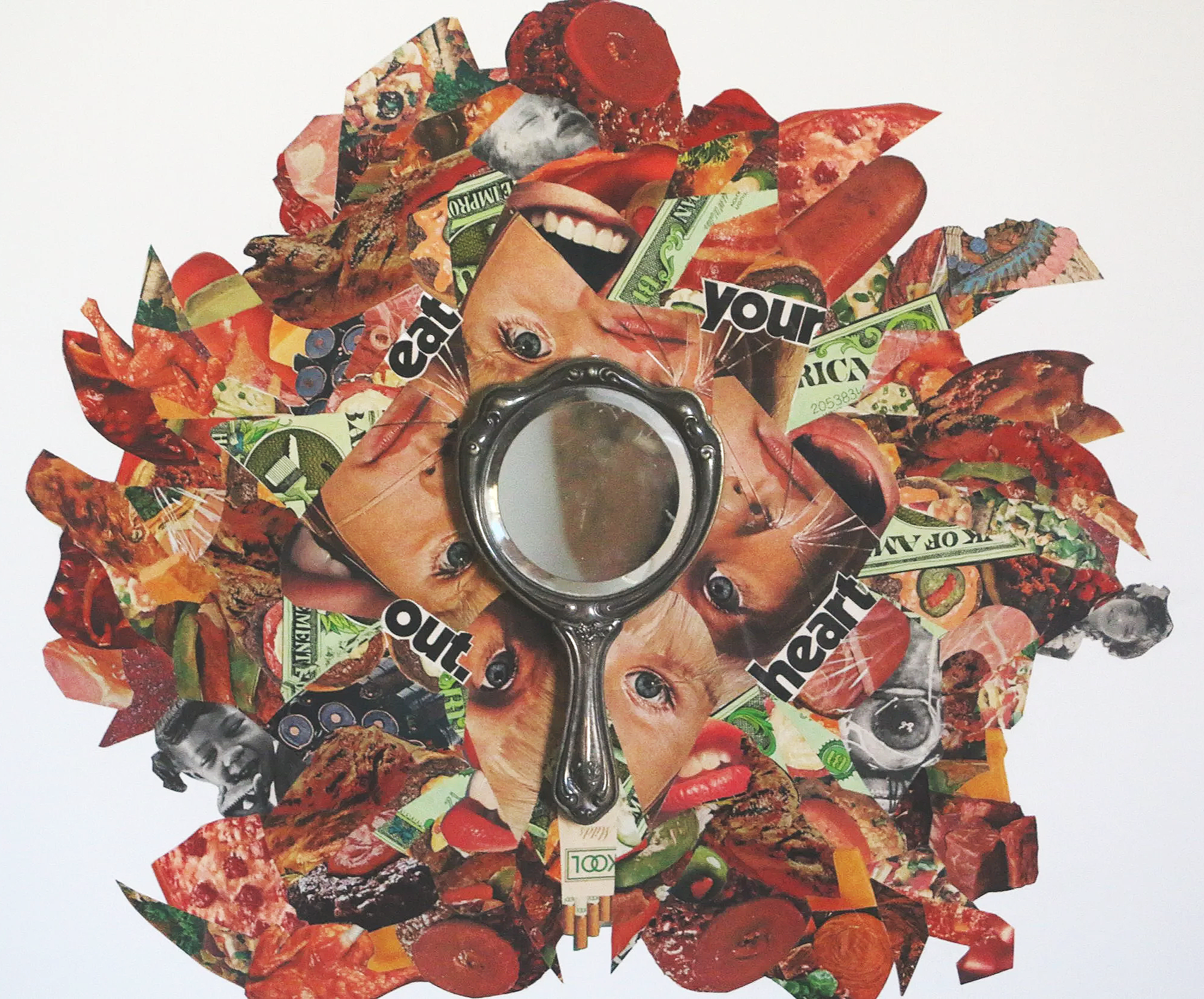 48x48 mixed media collage with paper and mirror on canvas titled "Eat Your Heart Out" 