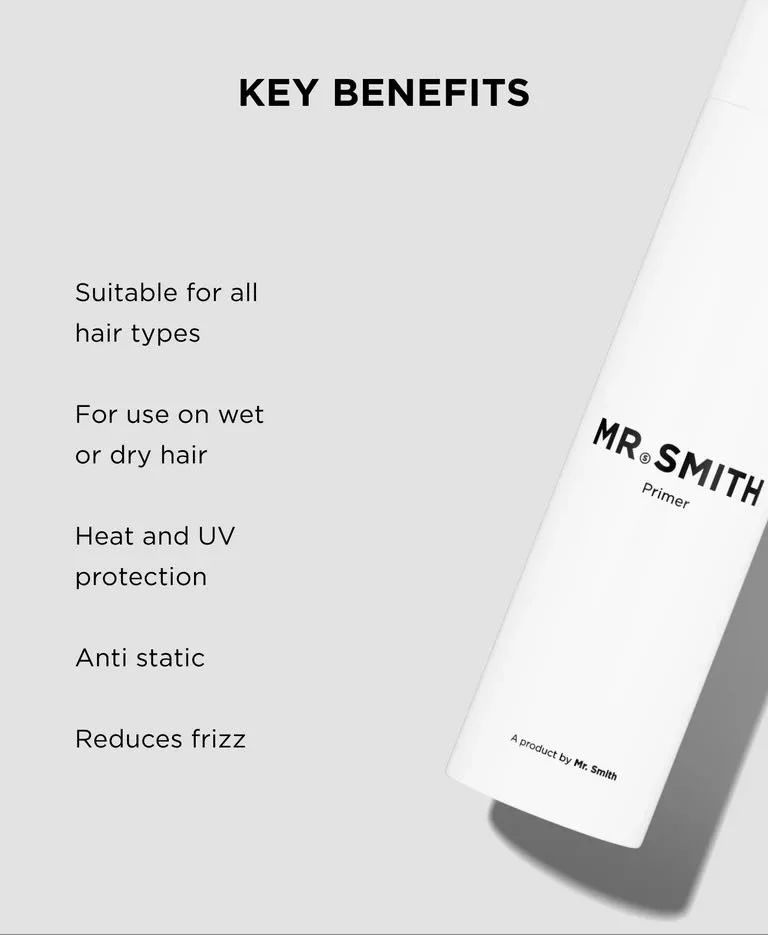 A promotional graphic for Mr. Smith Primer highlighting key benefits, including suitability for all hair types, use on wet or dry hair, heat and UV protection, anti-static properties, and frizz reduction, with an image of the primer bottle.