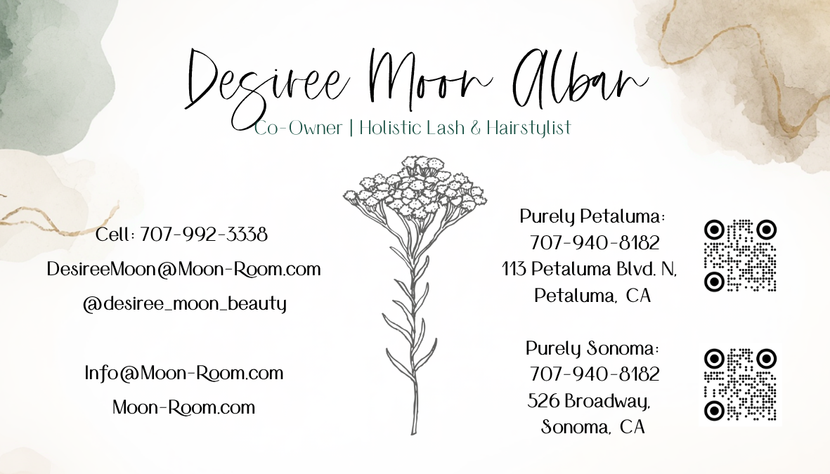 Business card for Desiree Moon Albar, a holistic lash and hairstylist co-owner featuring her contact information, addresses, and QR codes, with a floral illustration in the center.