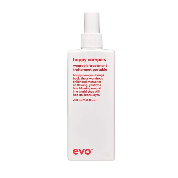 White spray bottle labeled 'happy campers' with red text describing its use as a wearable treatment, containing 200 ml of liquid.