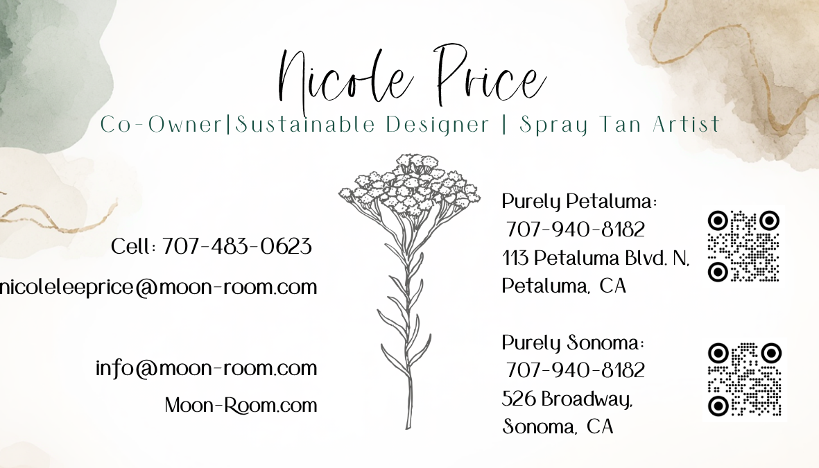 Business card for Nicole Price, a sustainable designer and spray tan artist. It includes contact information, phone numbers, email addresses, website, and addresses for Purely Petaluma, Purely Sonoma, with QR codes on the right side. The card has a decorative flower illustration and watercolor background accents.