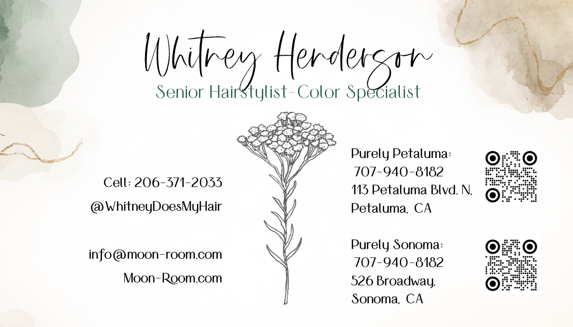 Business card for Whitney Henderson, Senior Hair Stylist and Color Specialist, with a watercolor background, a floral illustration, contact information, and QR codes.
