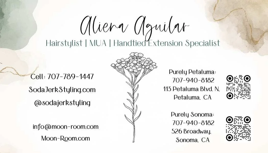 Business card for Alera Aguilar with contact information, including phone numbers, website, and social media handle, plus two locations in Petaluma and Sonoma, California, and a floral illustration in the center.