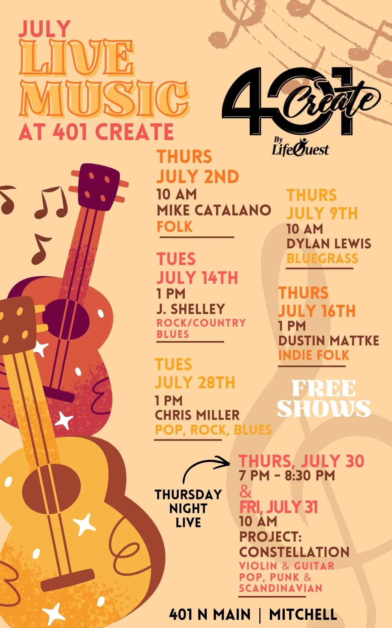 A colorful poster advertising live music events at 401 Create in Mitchell during July, featuring various artists and music genres on different dates.