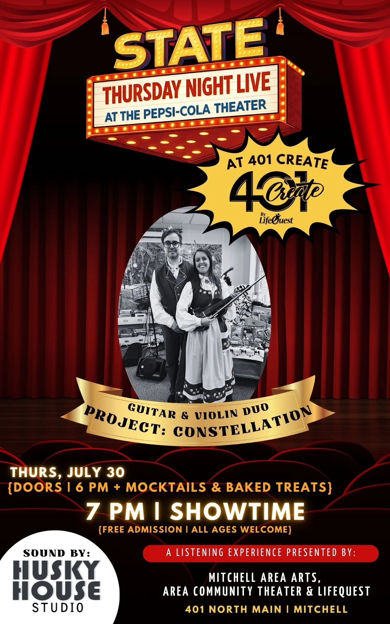 Event poster for Thursday Night Live at the Pepsi-Cola Theater featuring a guitar and violin duo from Create 401. The poster shows a black and white photo of two performers, a man and a woman, dressed in traditional clothing. The event is on Thursday, July 30, with doors opening at 6 PM and showtime at 7 PM, free admission, all ages welcome. Sound by Husky House Studio, presented by Mitchell Area Arts, Area Community Theater, and LifeQuest. Location: 401 North Main, Mitchell, with details about snacks and baked treats.