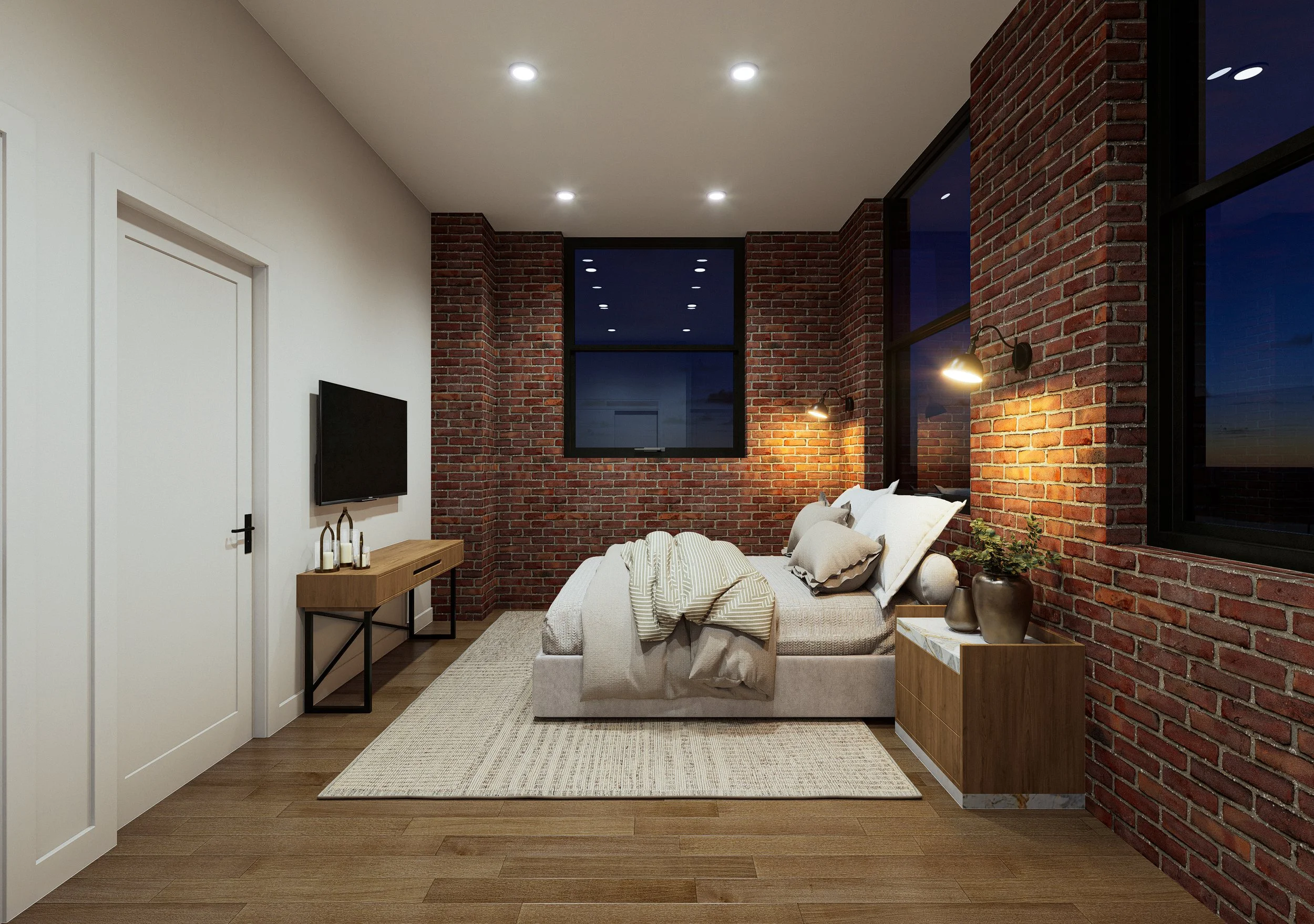 Interior of a bedroom with exposed red brick walls, a window showing a night sky, a wall-mounted TV, a beige bed with striped bedding, and wooden furniture.