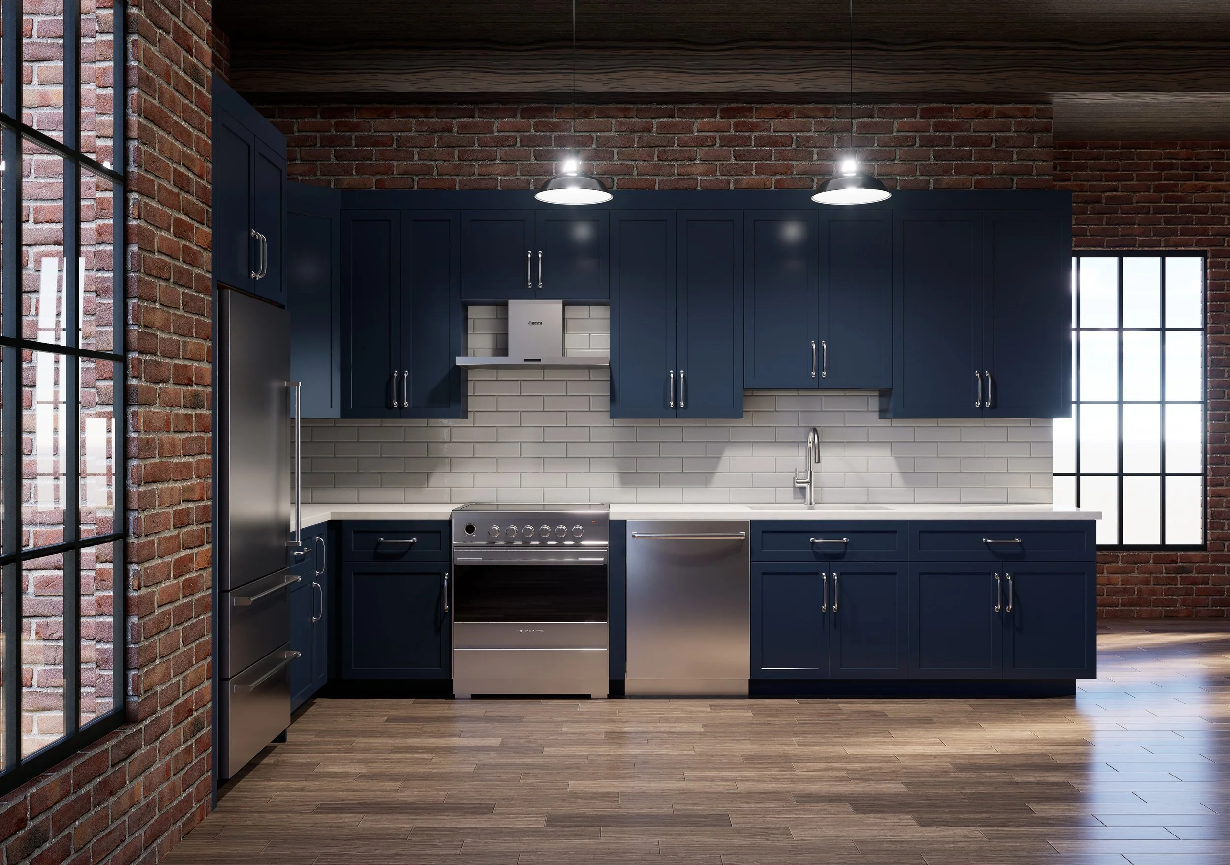 Kitchen with blue cabinets, white subway tile backsplash, stainless steel appliances, exposed brick walls, wooden floors, and industrial-style pendant lights.