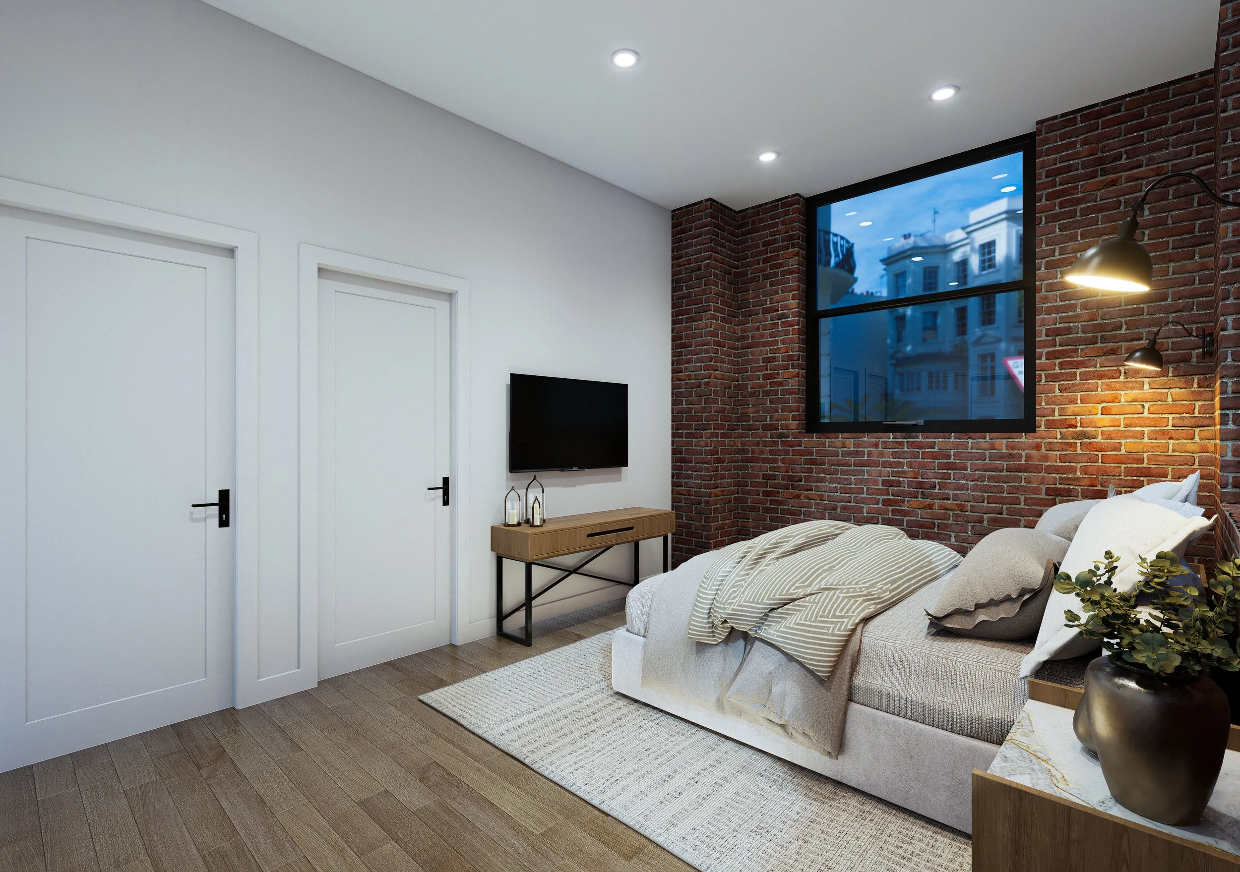 Modern bedroom with white and brick walls, a large window, a wall-mounted TV, a beige sofa with pillows, a wooden console table, and decorative items.