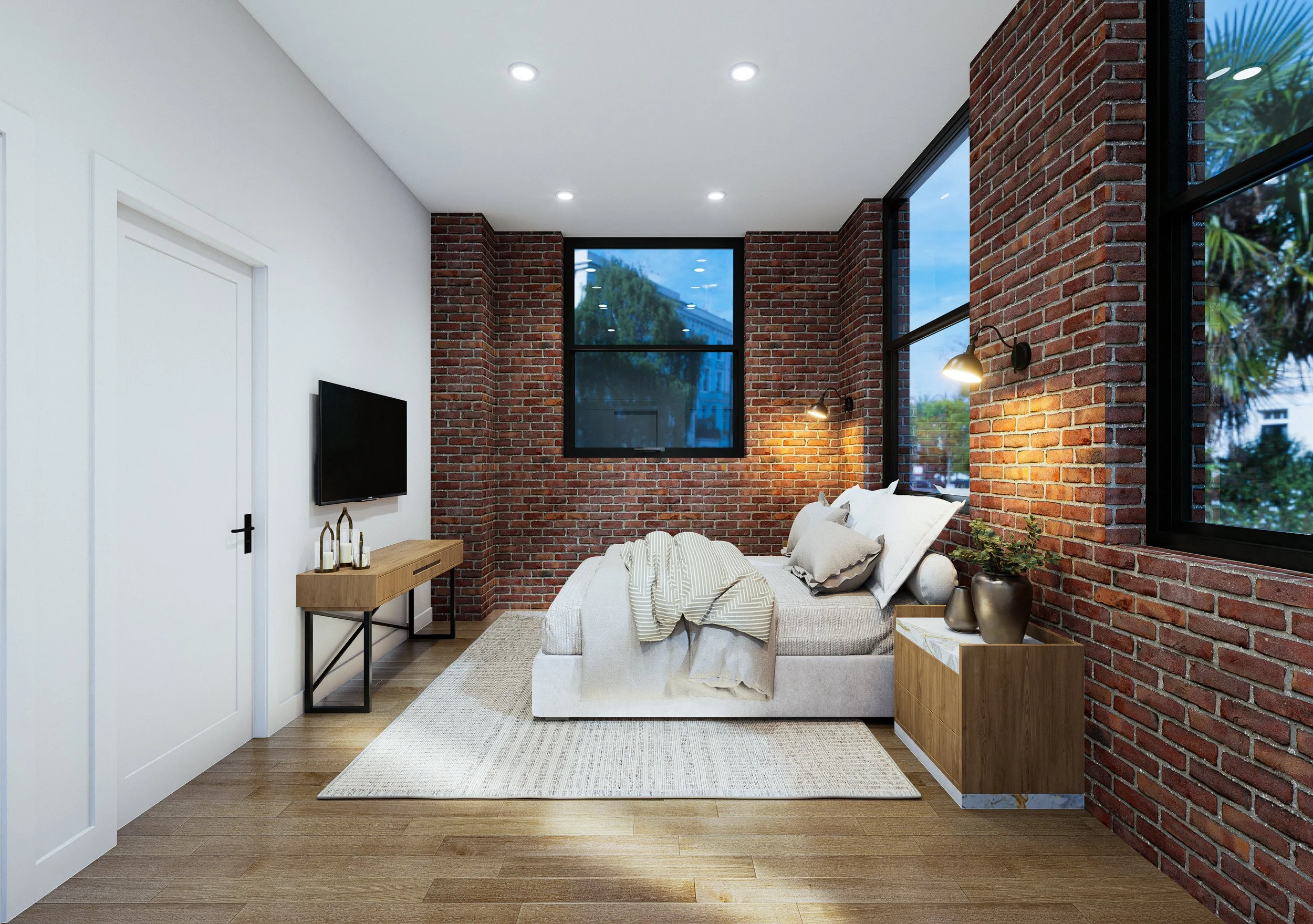 Contemporary bedroom with white and brick walls, a wall-mounted flat-screen TV, large windows, a bed with light-colored bedding, a wooden side table, and decorative objects.