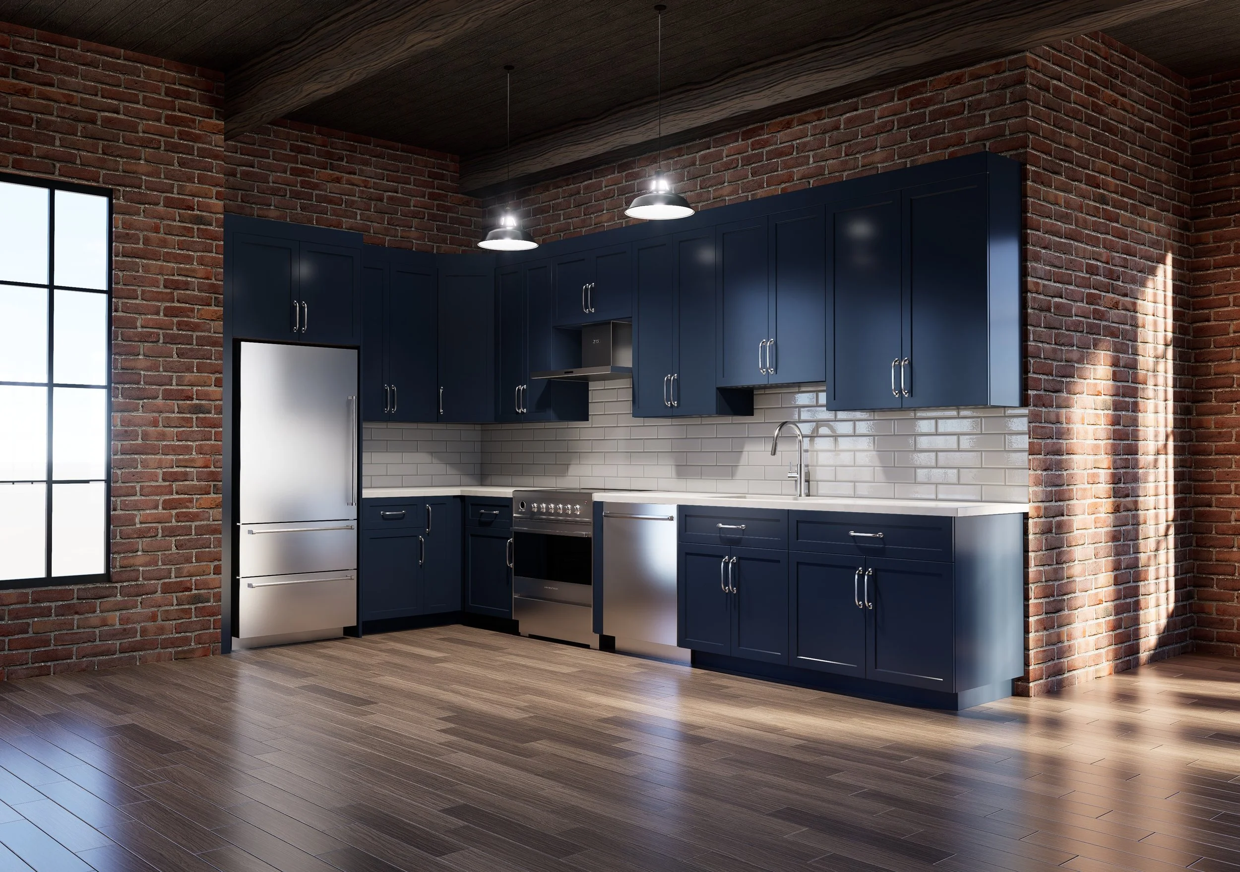 A modern kitchen with dark blue cabinets, white subway tile backsplash, stainless steel appliances, brick walls, large window, and wooden floors.