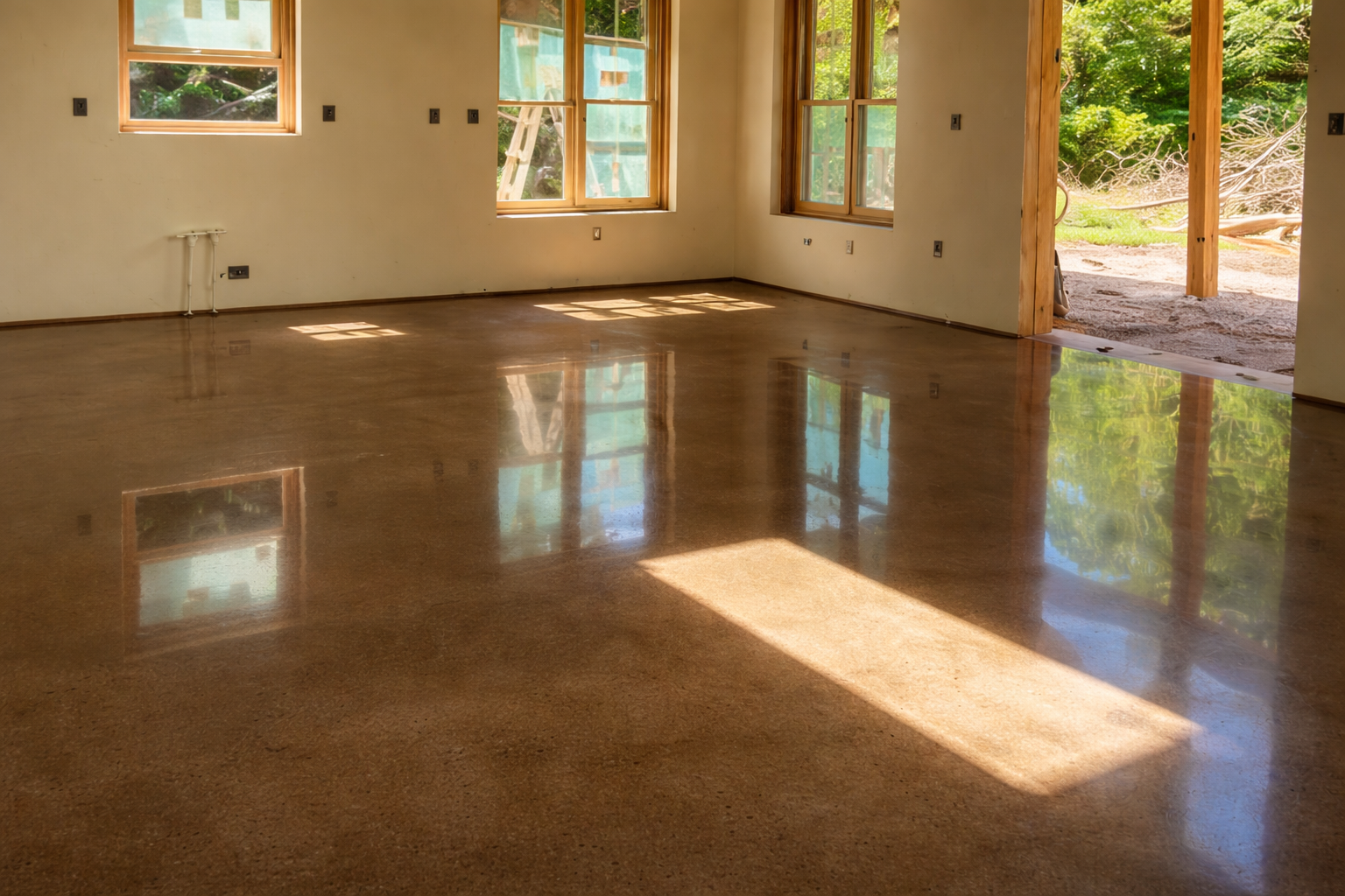 An empty room with a polished concrete floor, multiple windows letting in natural light, and an open doorway leading outside to a wooded area.