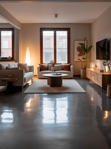 Modern living room with two beige sofas, a round coffee table, large windows, a TV on the wall, and various decorative items including a tall floor lamp and a potted plant.