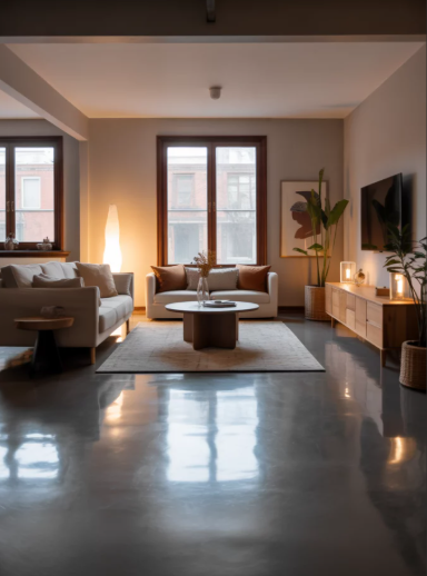 Modern living room with two sofas, a round coffee table, a large TV on a wooden console, potted plants, and large windows letting in natural light.