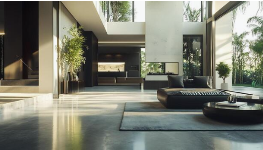 Modern living room with large windows, black furniture, potted plants, and a polished concrete floor.