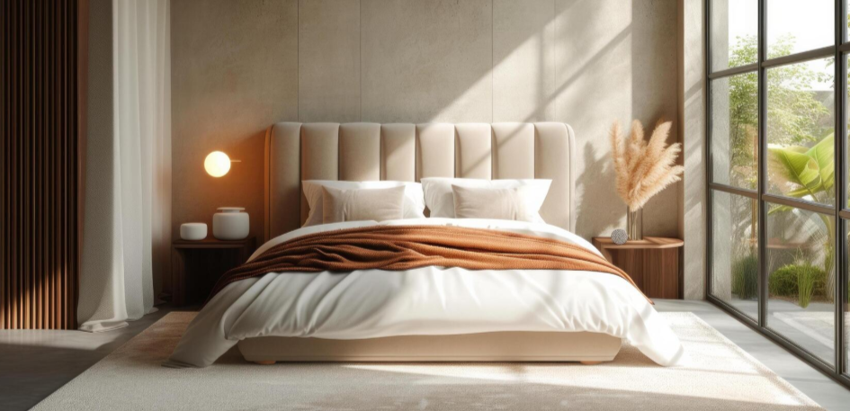 Modern bedroom with a plush beige headboard, white bedding with pillows, a brown blanket, a nightstand with a lamp and decorative items, pampas grass in a vase, and large windows with greenery outside.