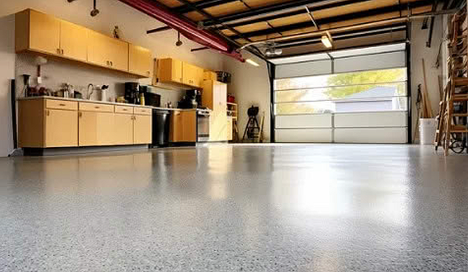 Empty garage with yellow cabinets, a large garage door, and various tools and storage items.