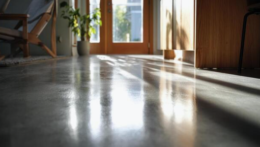 Sunlight streaming into a modern home through a glass door, illuminating a concrete floor and wooden furniture.