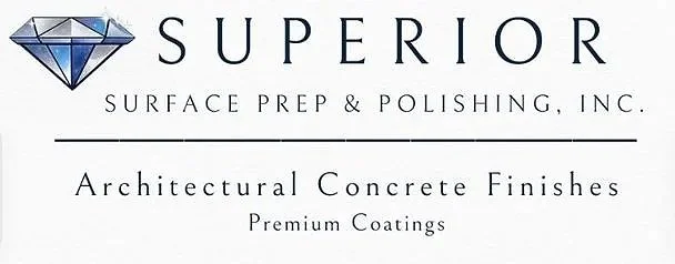 Business card for Superior Surface Prep & Polishing, Inc., featuring a diamond logo and mentioning architectural concrete finishes and premium coatings.