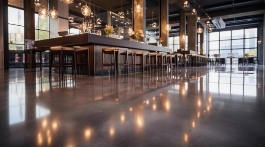 A modern, spacious dining area with a long table, surrounded by chairs, in a well-lit room with large windows and hanging pendant lights.