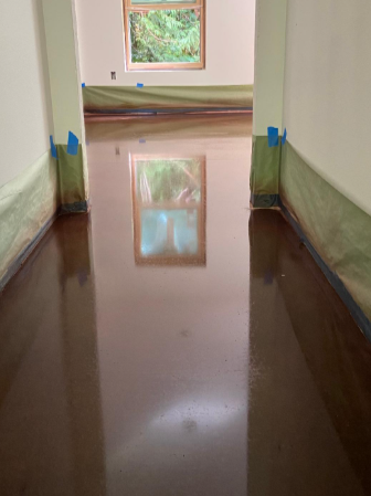 Freshly coated wooden floor in a hallway with a window at the end showing green trees outside.