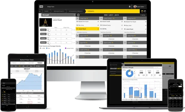 Pantallas de varios dispositivos electrónicos (computadora, tableta, y teléfonos) mostrando diferentes gráficos y datos estadísticos relacionados con entrenamiento y fuerza.