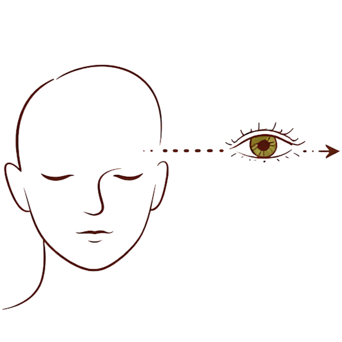 Illustration of a person sleeping with a closed eye, and an eye with a dotted line showing the flow of vision toward the ear, symbolizing listening or auditory focus.
