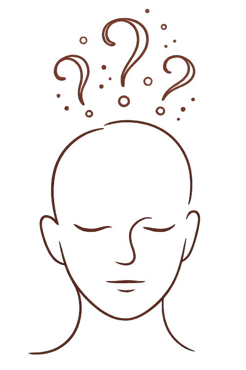 Line drawing of a person with closed eyes and an expression of concentration, surrounded by question marks and dots indicating confusion or pondering.