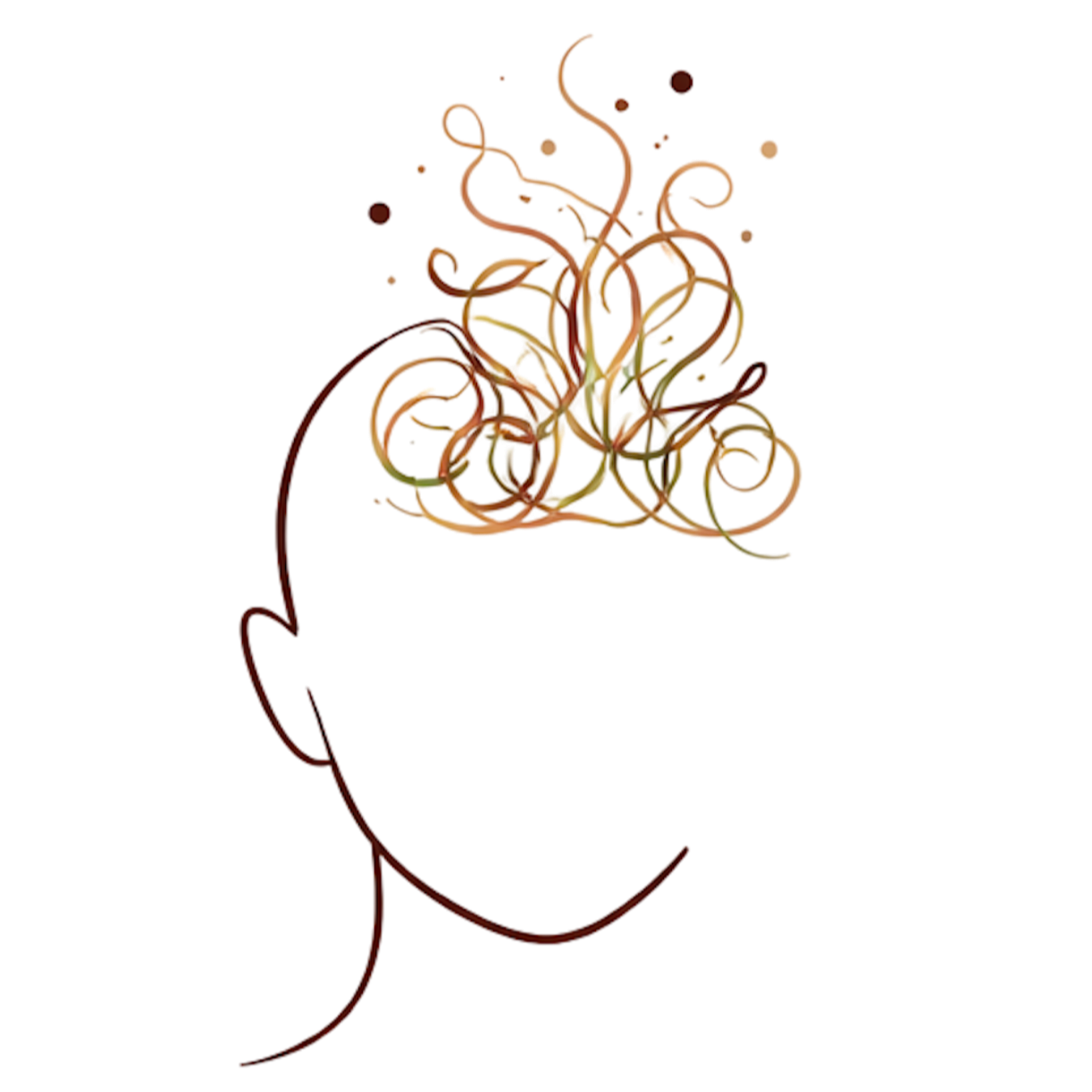 A tangled group of multicolored, curly wires or strings with no clear pattern, connected to a red arrow pointing downwards.