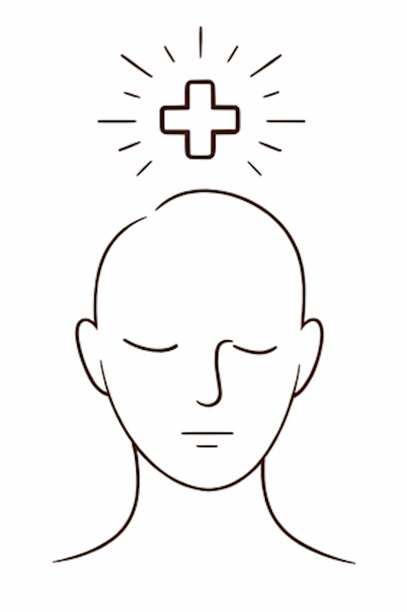 Line drawing of a person with eyes closed and a negative space plus sign with rays above their head, indicating health or wellness.