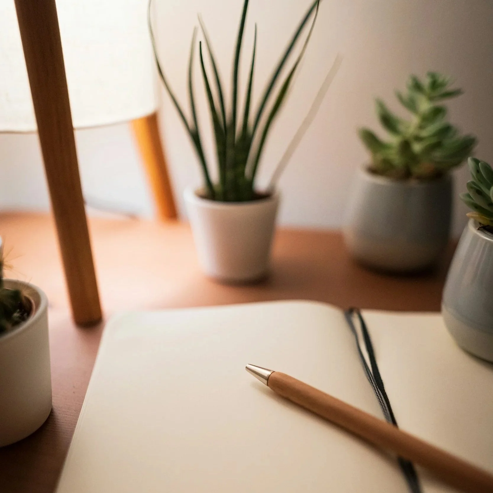 Open notebook with a pen on top and three potted plants on wooden surface, softly lit by a nearby lamp.