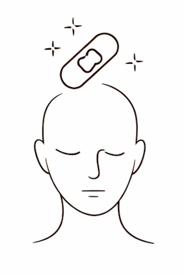 Minimalist line drawing of a person with a bandage on their head, suggesting a headache or injury, with sparkles around indicating relief or healing.