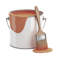 A container of paint with a paintbrush resting on it, showing light brown paint dripped on the brush and spilling over the side of the container.