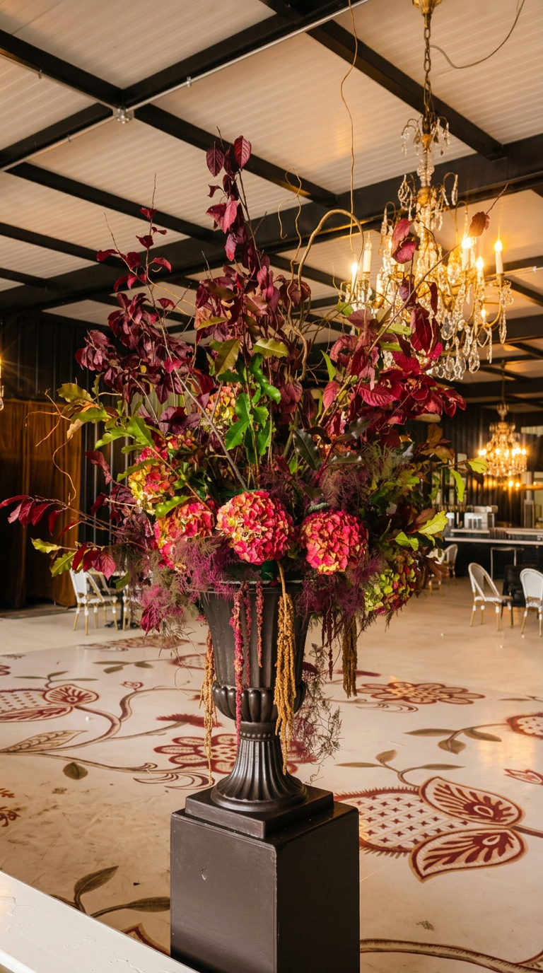 Elegant floral arrangement with pink hydrangeas, red and green leaves, and dark branches in a black vase, placed on a black pedestal in a decorated event hall with chandeliers and a patterned carpet.
