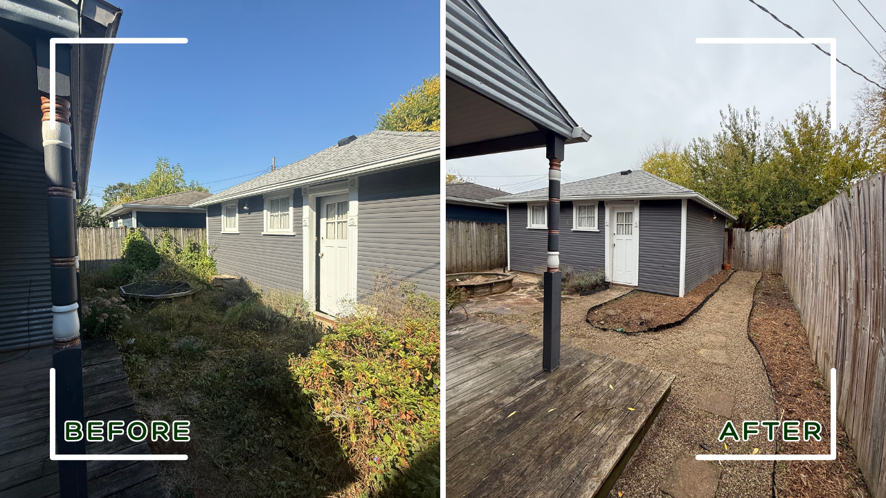Split-screen comparison showing a backyard before and after landscaping. The before side has overgrown weeds and shrubbery, while the after side has a cleared, leveled yard with a gravel pathway, a small deck, and a clean wooden fence.